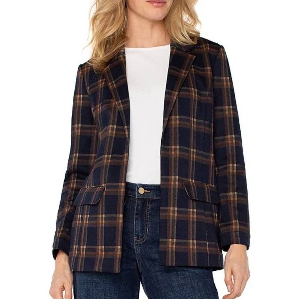 Liverpool Plaid Boyfriend Blazer Womens M Navy Amber Tartan Corporate Academia